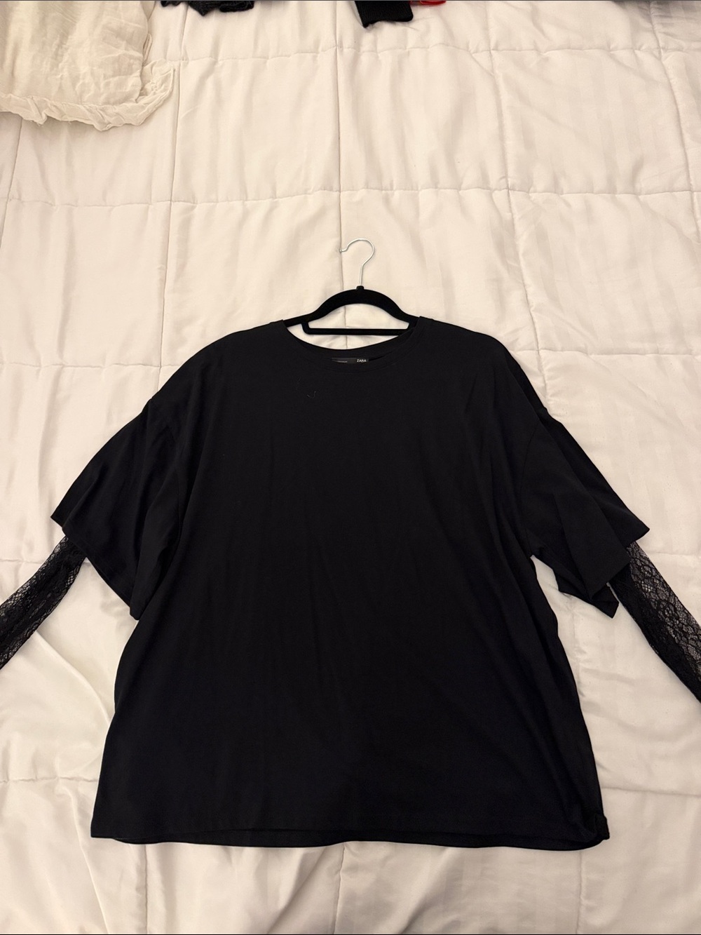 Zara Black Short Sleeve Top with Lace Sleeve Inserts